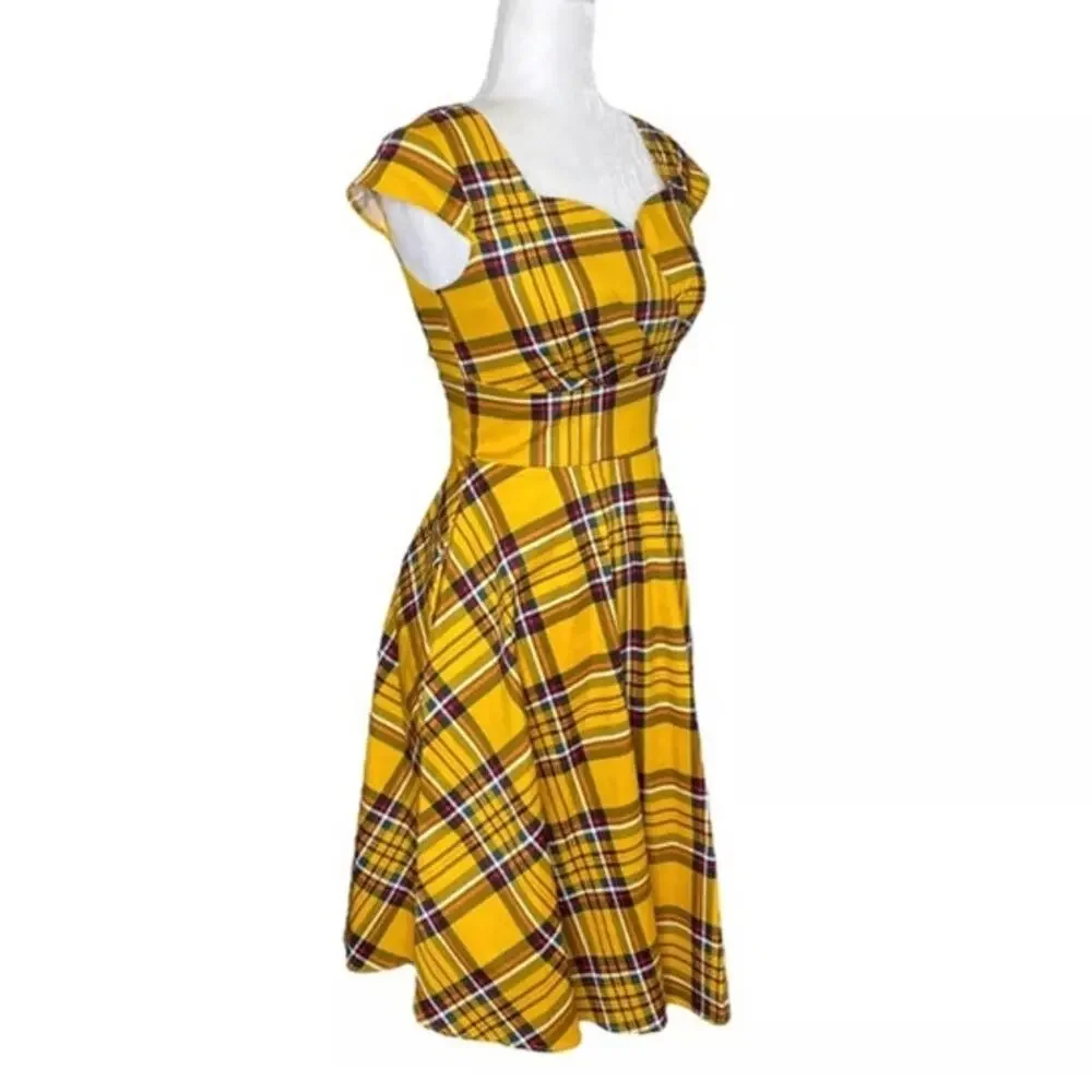 Hanpceirs Cap Sleeve 1950s Retro Vintage Style swing Gold Plaid Dress size XS